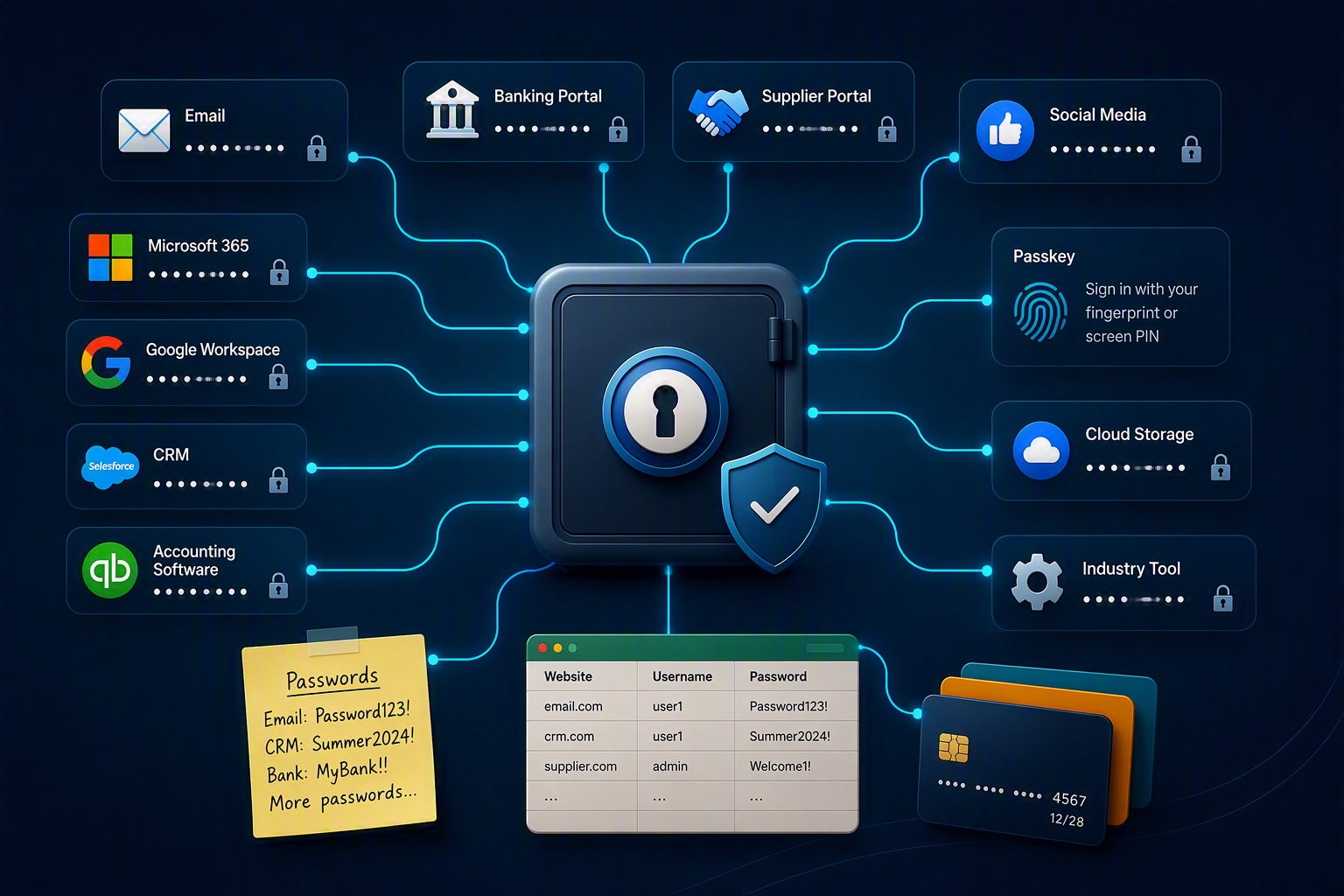 A graphic showing a lock connected to lots of different digital applications