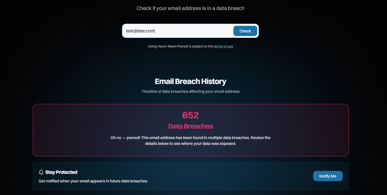A screenshot of Have I Been Pwned, a website where you can check if your email and password have been part of a data breach